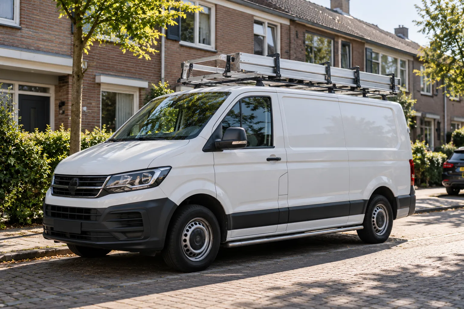 Witte bestelbus met ladderrek in een woonstraat