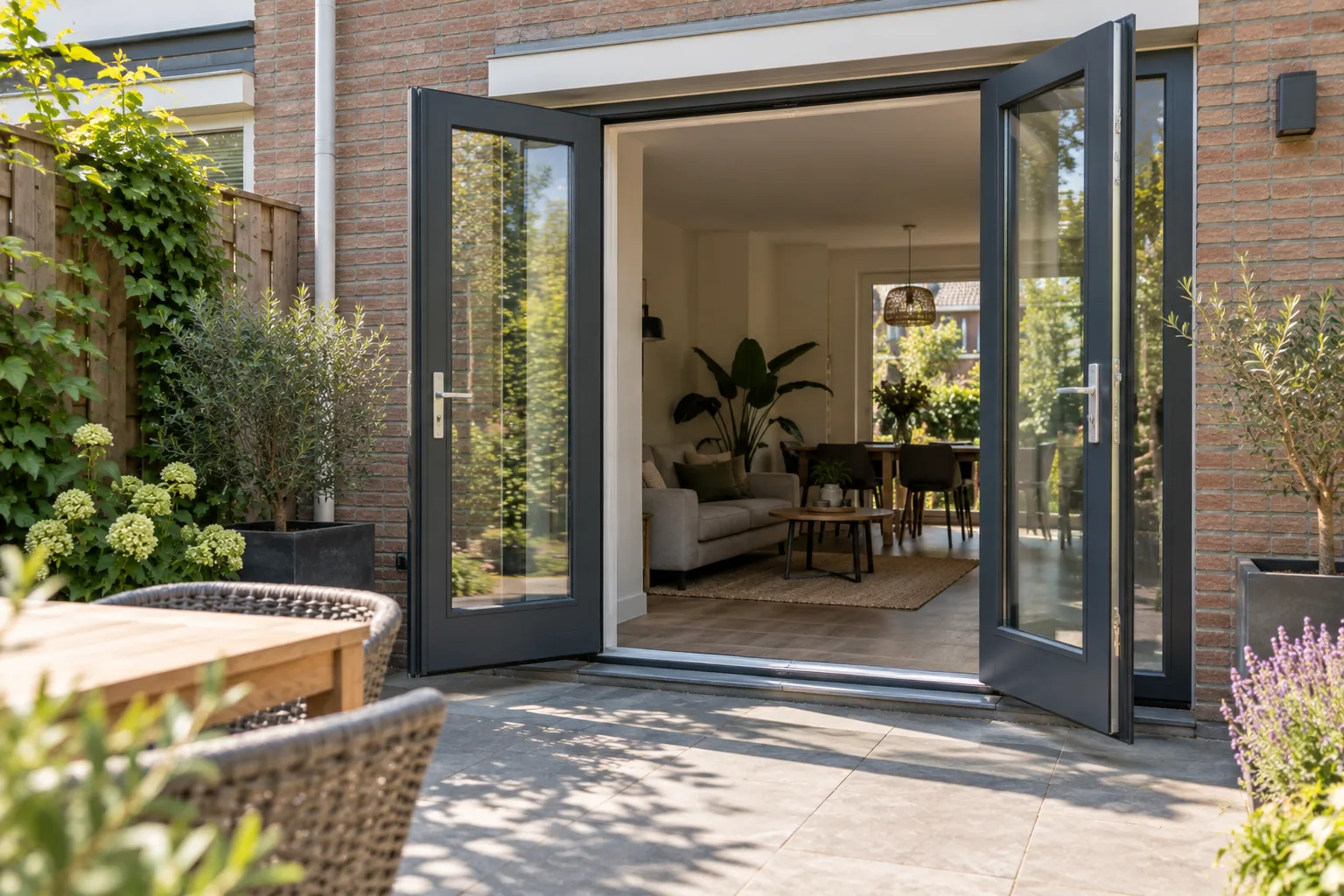 Openslaande antraciet kunststof tuindeuren naar een terras
